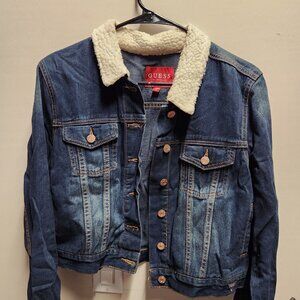 Guess Dark Denim Jacket with Sherpa Collar and Cuffs